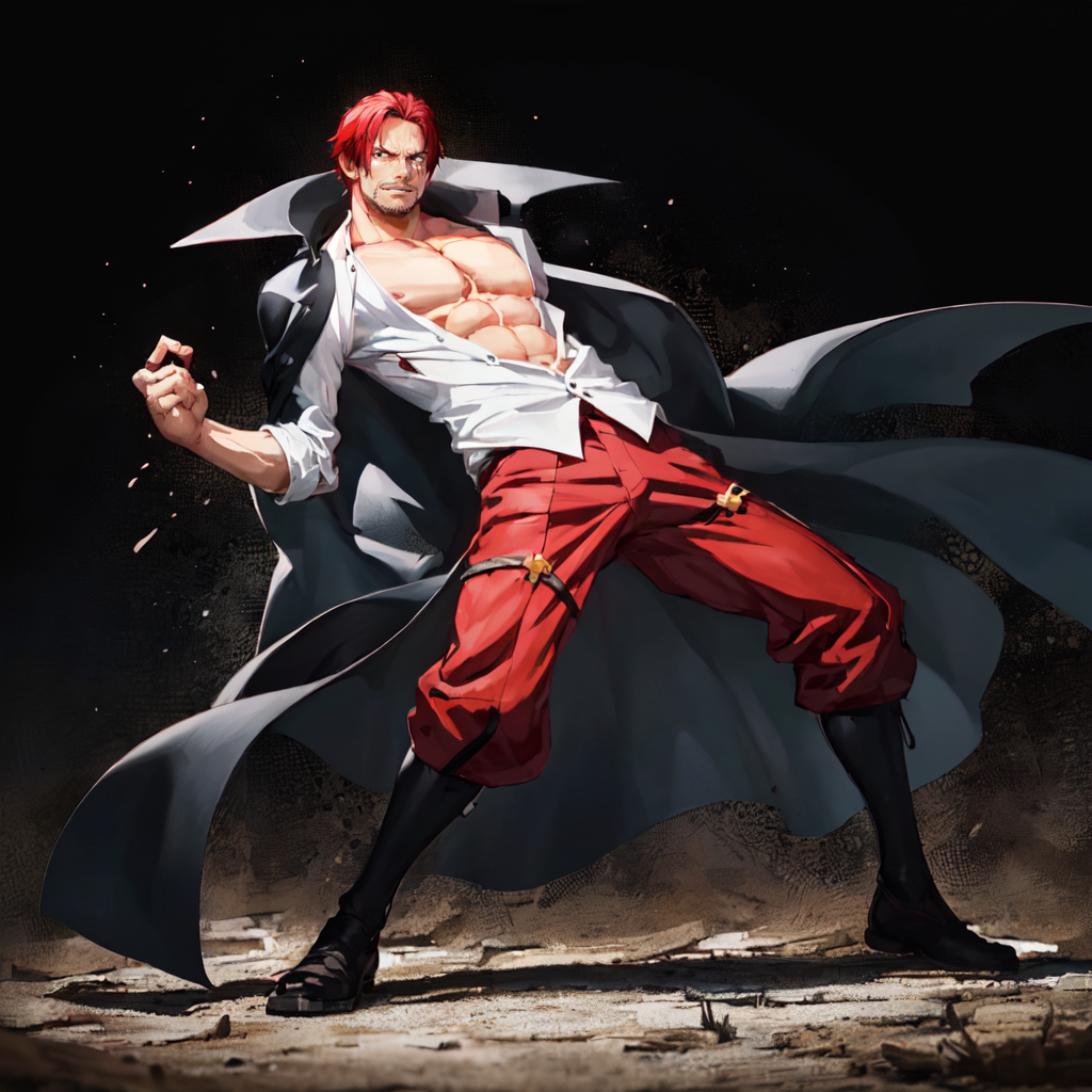 00017-1629795833-, Shnks, solo, shirt, 1boy, black eyes, red hair, cape, shirt, partially unbuttoned, facial hair, scar,  full body, wryyyyyyyyyy.png